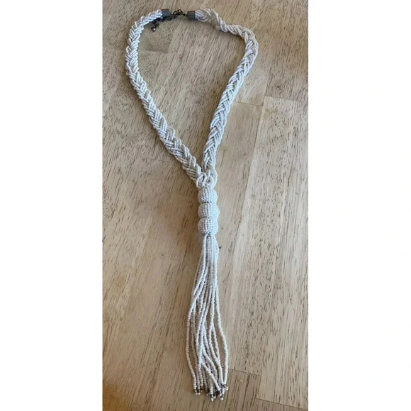 Unbranded Jewelry - Vintage Braided White Beaded Tassel Necklace. 25” Adjustable.